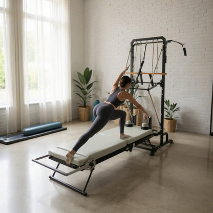 fitnessathome Black Reformer Pilates NEXACE avec tour –  pliable et réglable Reformer Pilates NEXACE avec tour – pliable et réglable